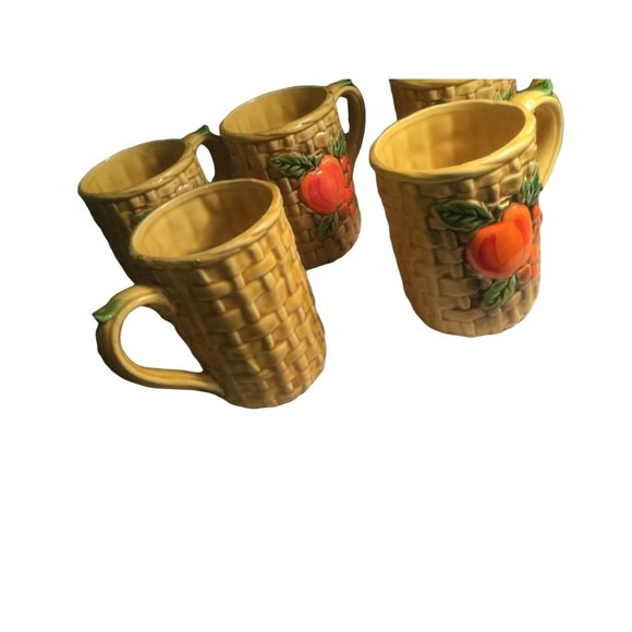 Unbranded Other - Vintage Ceramic Coffee Mugs Cups Yellow Basket Weave with Peaches on Front #5349